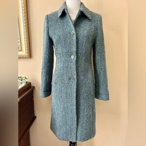 Via Spiga Green Blue Gray Wool Tweed Lady Day Coat Black Leather Trim Size 6